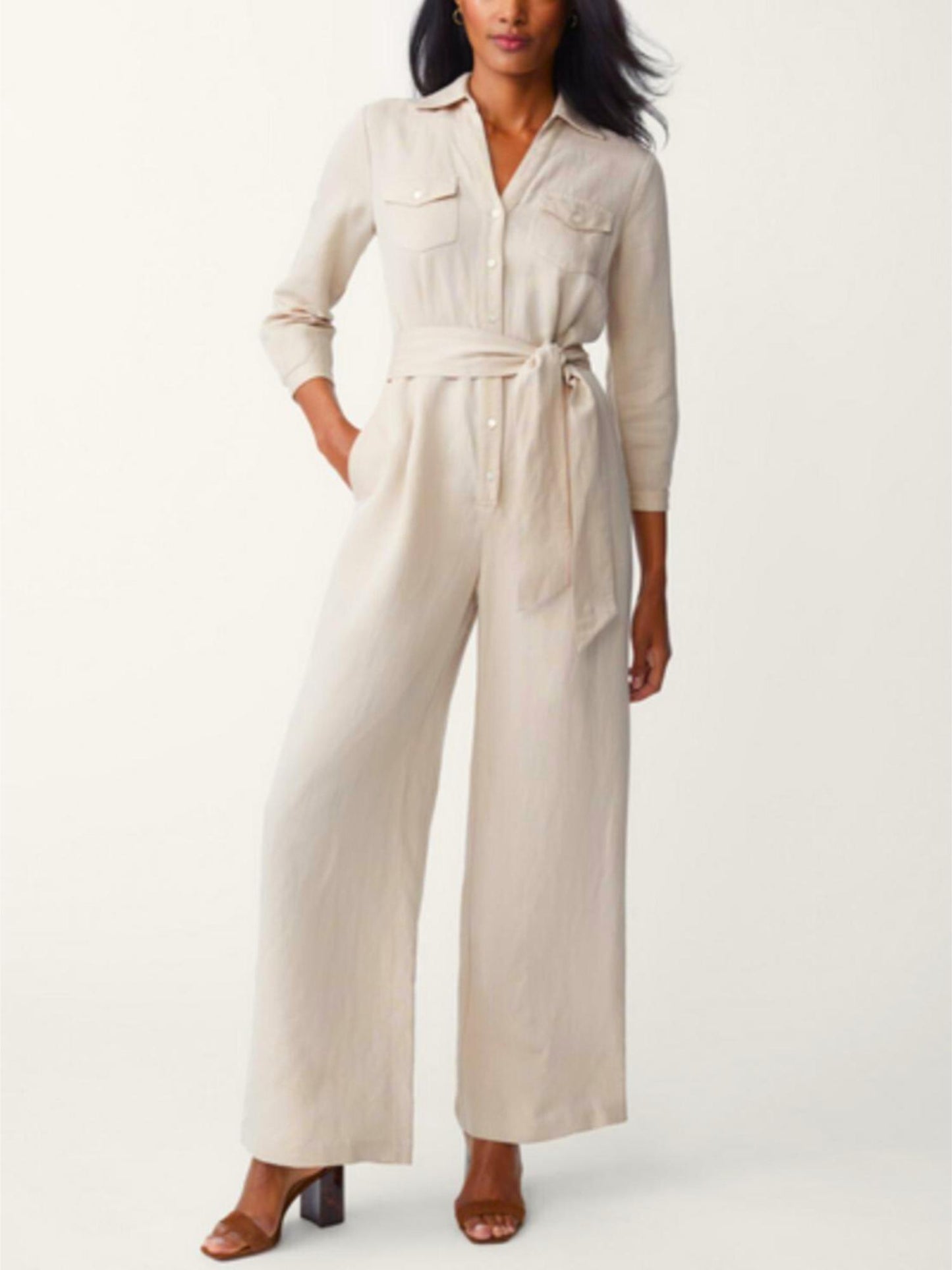 NWOT J. McLaughlin Ernst Linen Blend V-Neck Jumpsuit in beige